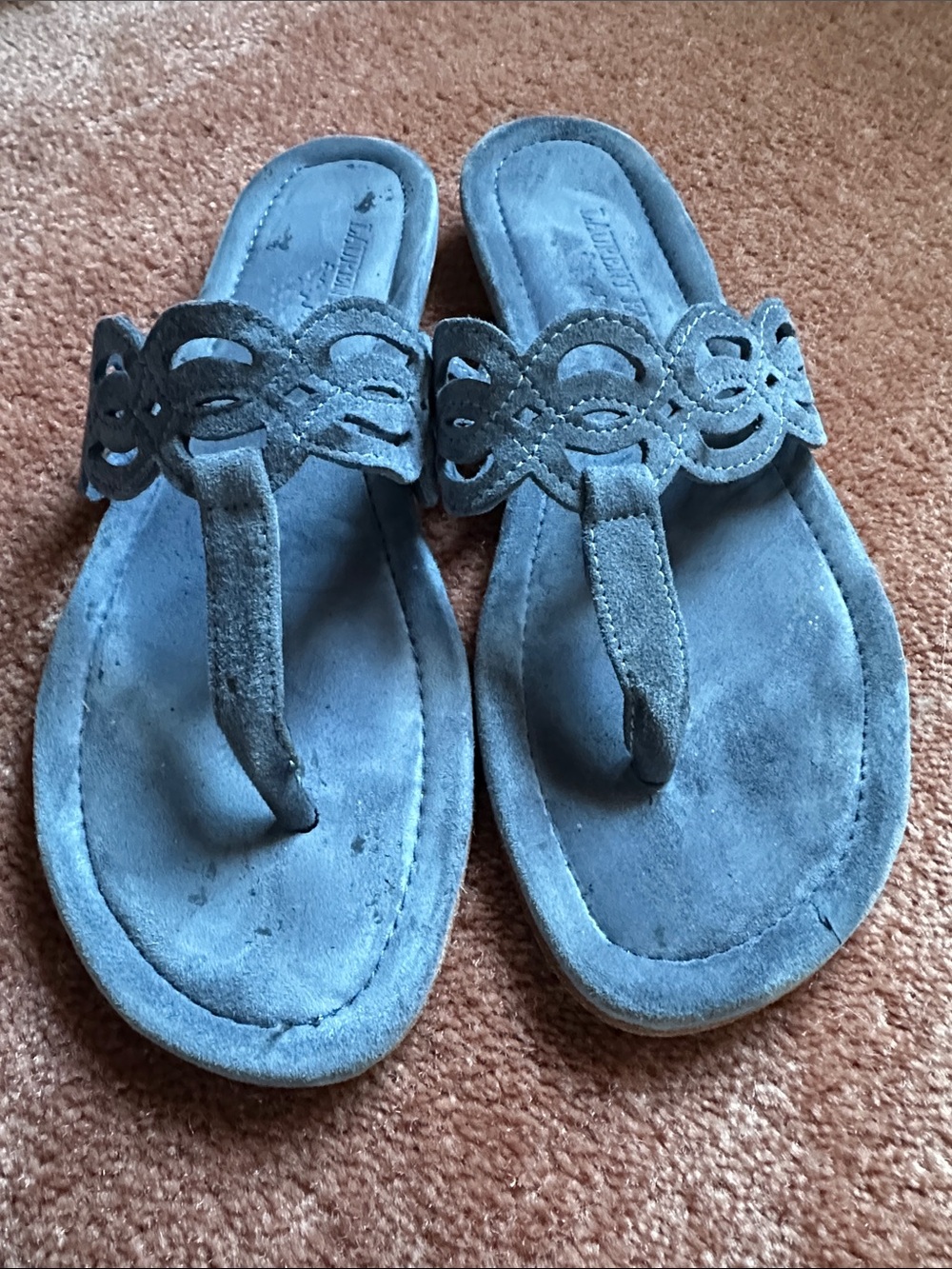 Laurent Effel Blue Suede Thong Sandals, Cutout Strap Slip On - Picture 4 of 13